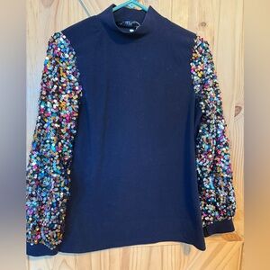 Camisa Elegant Women's Navy Sequin Sleeve Jersey Top